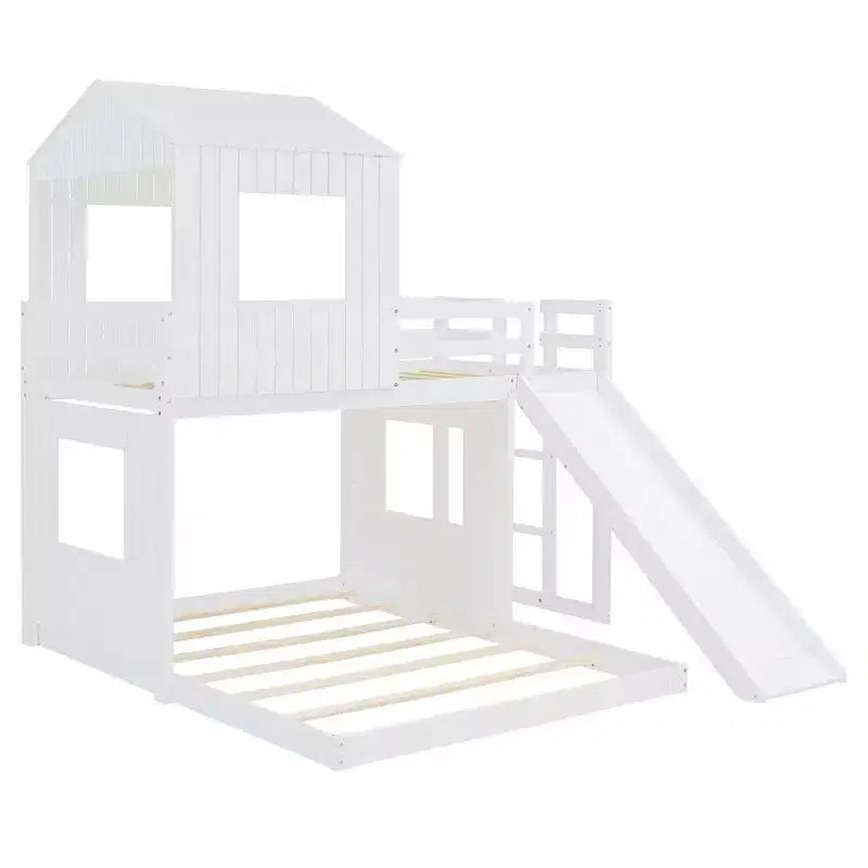 Lit superposé en bois Luxystar avec couchage supérieur une place et inférieur deux places, maisonnette, toboggan et barrières de sécurité