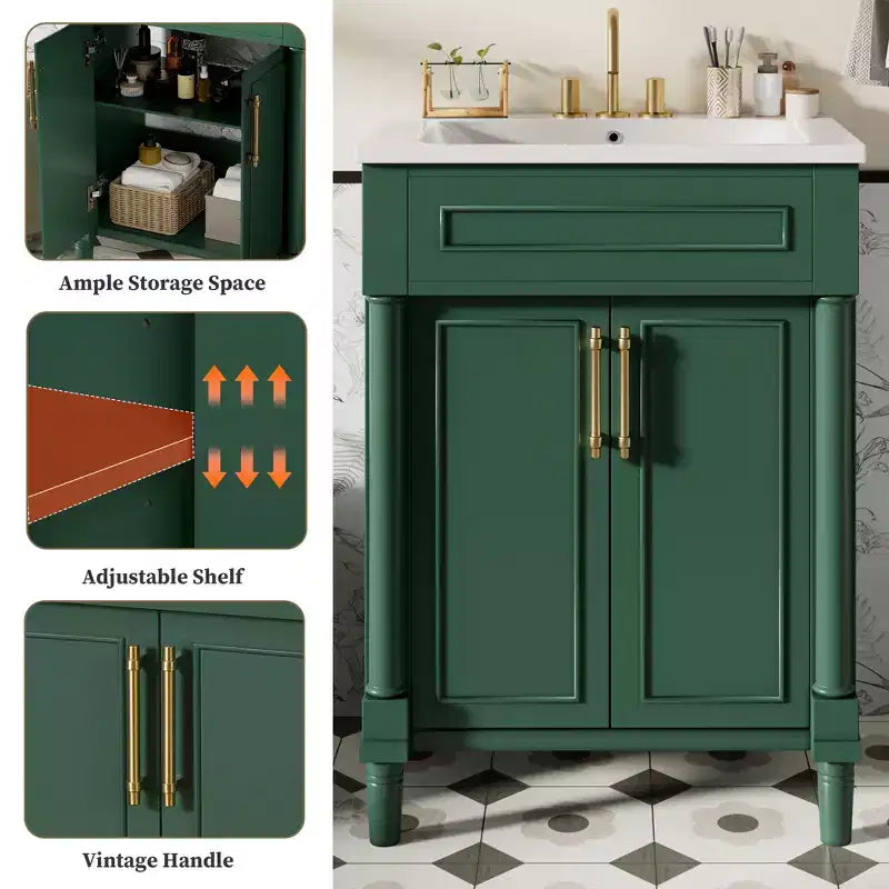 Móvel de casa de banho de 24 com lavatório cerâmico, armário Shaker, 2 portas com fecho suave e estrutura de madeira maciça para casa de banho pequena ou lavabo