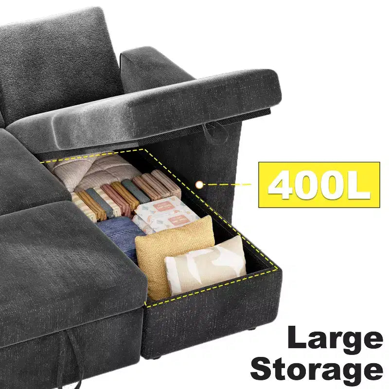 Dyonery 81-Sitzer-Schlafsofa, L-förmiges Ausziehsofa mit wendbarer Recamiere mit Stauraum, USB-Anschluss und verstellbarer Rückenlehne