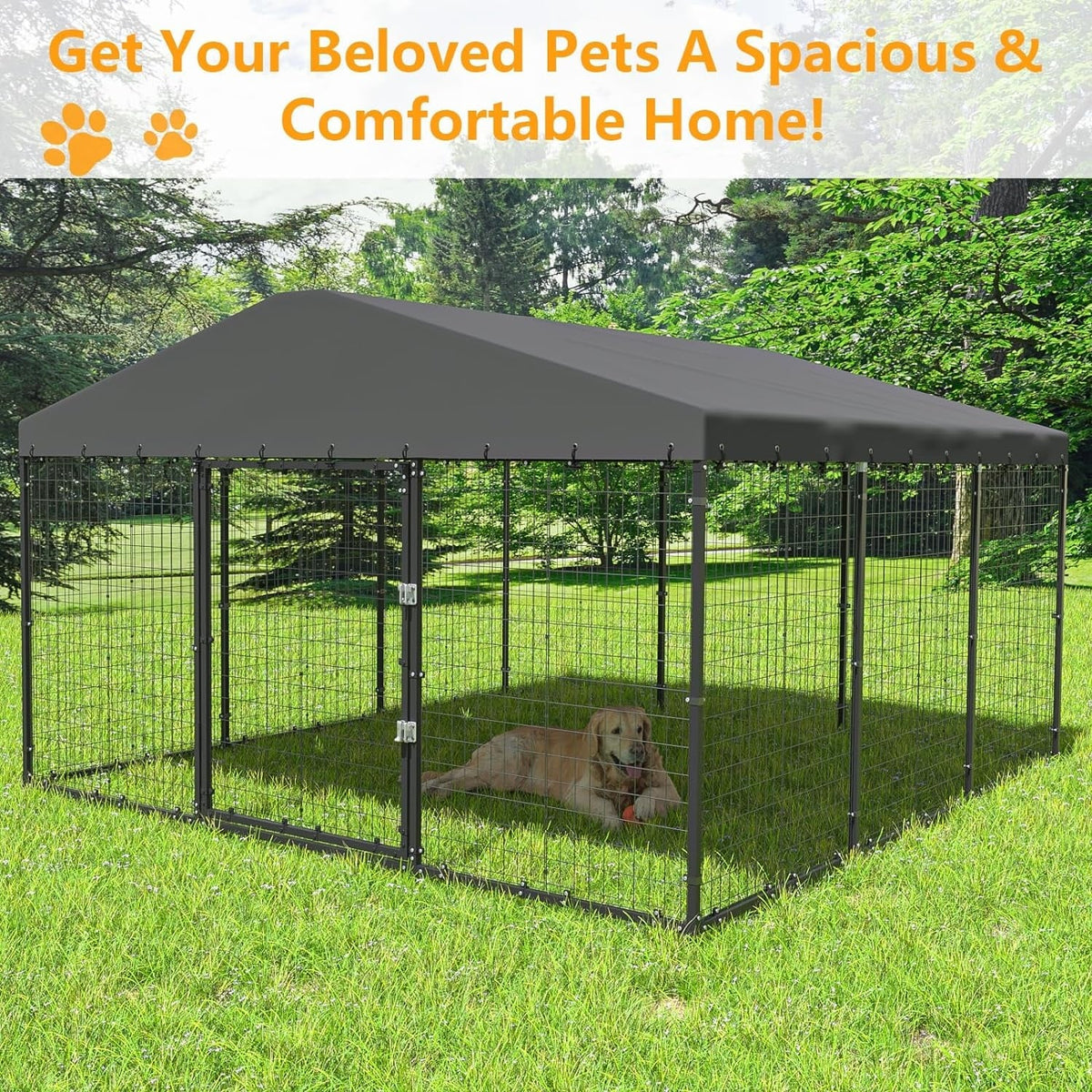 W 118 x D 118 x H 70 Canil grande para exterior, recinto resistente para cães com teto impermeável