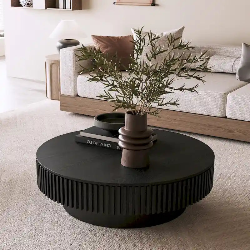 Tavolino rotondo moderno in legno massello impiallacciato con contenitore, da caffè o da tè