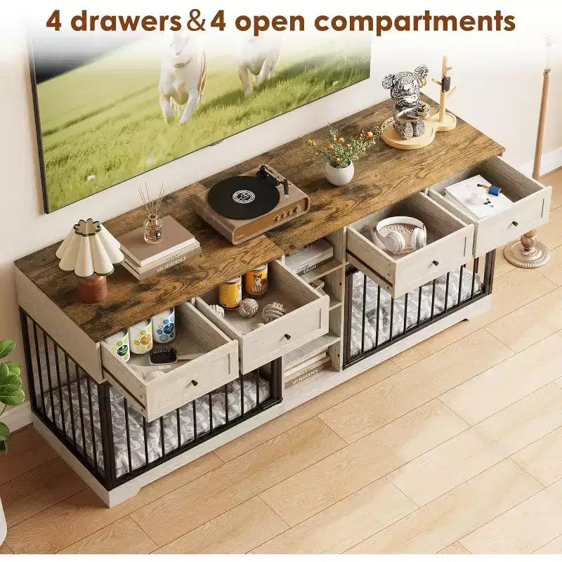 82 Casota de mobiliário para dois cães, canil grande para interior, casota de madeira resistente para 2 cães com suporte para TV, 4 gavetas e prateleiras