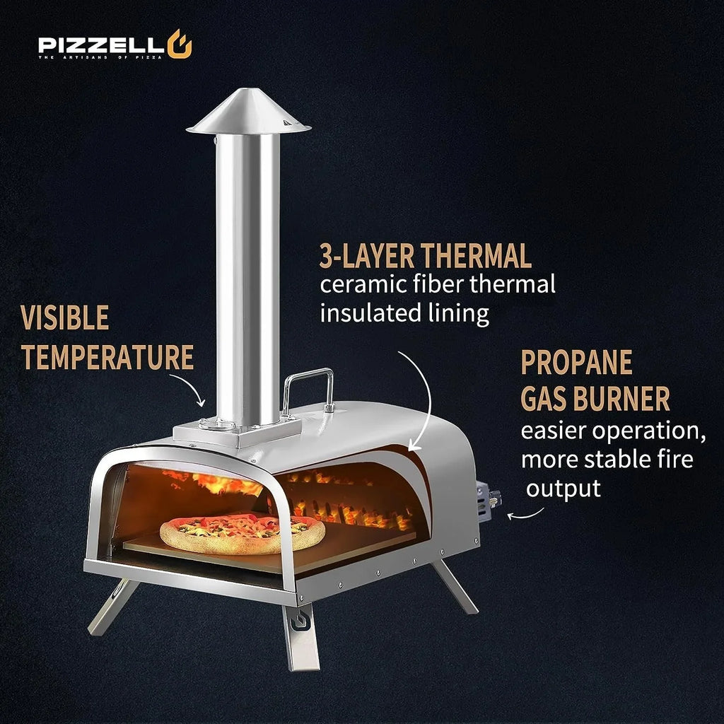 Forno de pizza exterior multicombustível, máquina de pizza de pedra com queimador a gás e caixa para lenha - 12 polegadas