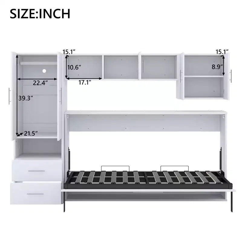 Cama escamoteável de solteiro com estrutura de cama de parede, armário de madeira com roupeiro integrado, gavetas de arrumação e prateleiras abertas, branco -ModernLuxe