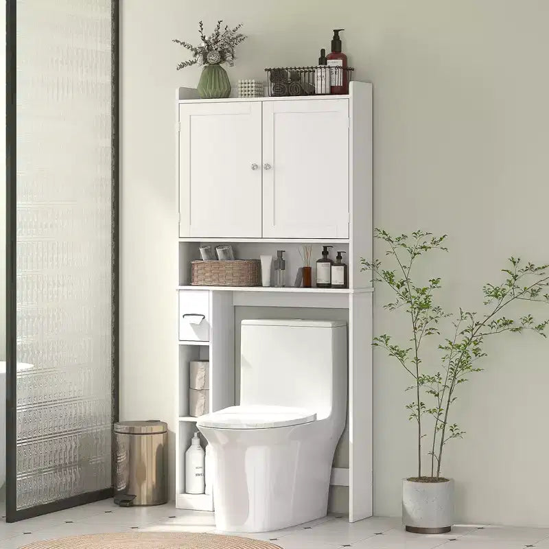 Armário HOMCOM para arrumação sobre a sanita, organizador moderno para casa de banho sobre a sanita com 2 portas, suporte para papel higiénico, economizador de espaço independente
