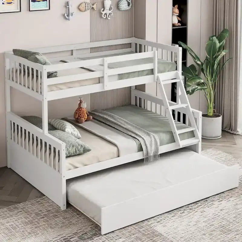 Beliche Gymax de cama individual sobre cama de casal, com cama auxiliar individual, plataforma convertível
