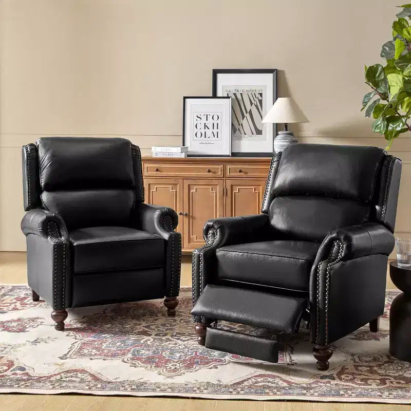 Conjunto de 2 cadeirões reclináveis Elisabete modernos, de costas altas, em pele genuína, com acabamento vintage de tachas, para sala de estar e quarto| ART OF LIVING DESIGNS
