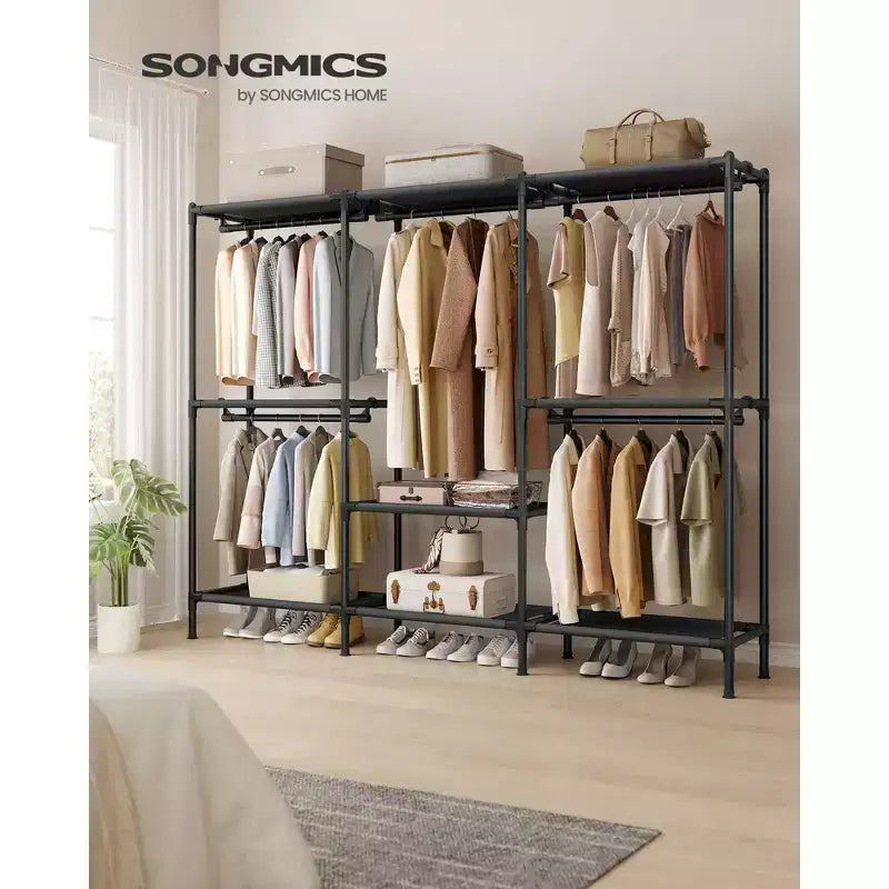 SONGMICS Roupeiro organizador resistente com barras para cabides e prateleiras, carga total de 297 lb, fácil de montar, preto-tinta