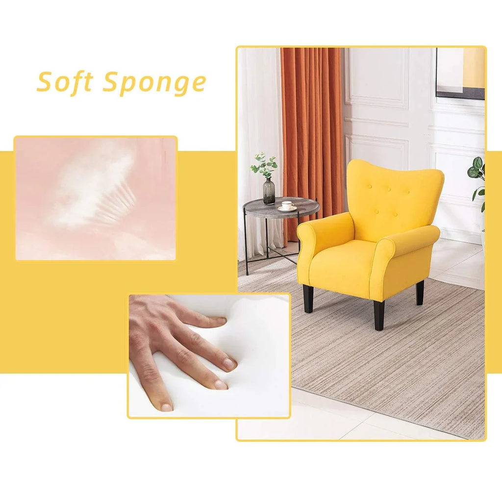 Fauteuil d’appoint moderne Erommy, fauteuil à dossier haut, canapé une place en tissu rembourré avec boutons et pieds en bois pour le salon