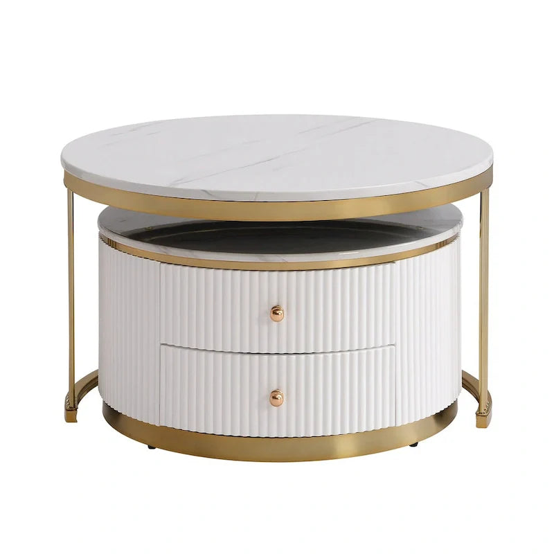 2 Pieces White Round Nesting Coffee Table with Drawers