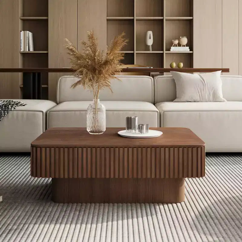 Mesa de centro JVNOXK com tampo elevatório canelado de 38.6', com arrumação, folheado de madeira maciça, altura ajustável, mesa de destaque moderna para sala de estar ou quarto, nogueira