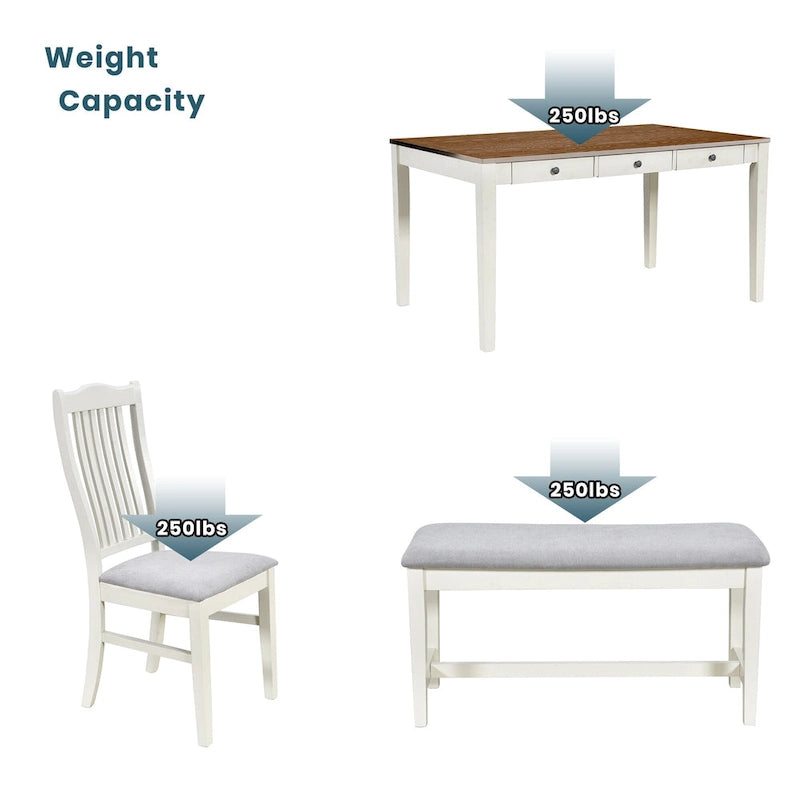 6-teiliges Esszimmer-Set aus Holz mit 4 Stühlen und Bank, Tisch mit Schublade