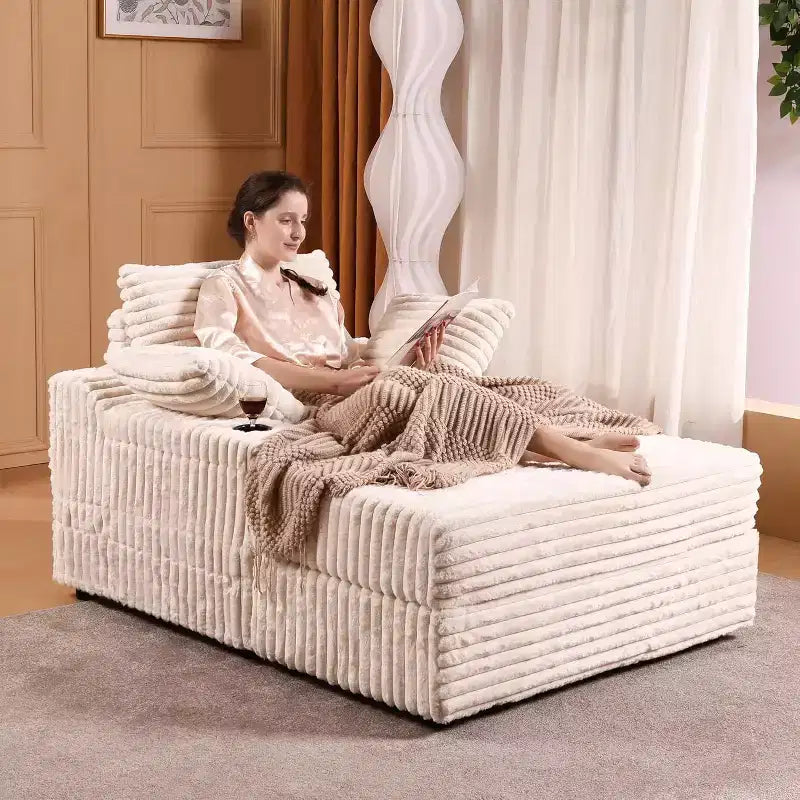Chaise longue de grandes dimensões para interior com pufe de arrumação, sofá-cama estofado em bombazina Cloud Couch com 3 almofadas, poltrona-cama individual