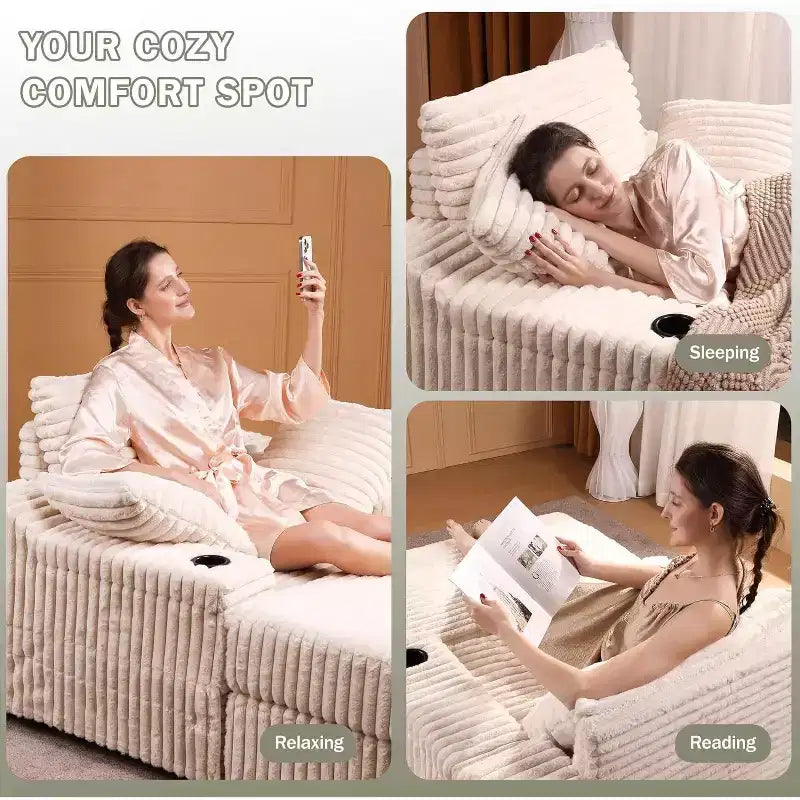 Chaise longue de grandes dimensões para interior com pufe de arrumação, sofá-cama estofado em bombazina Cloud Couch com 3 almofadas, poltrona-cama individual