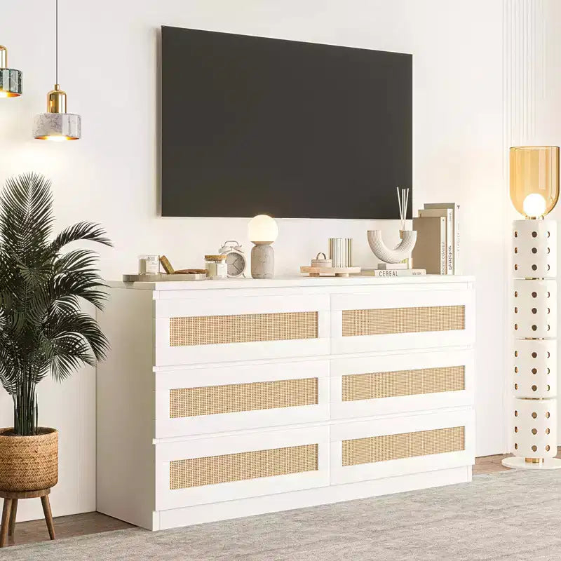 Cómoda de rattan para quarto com 6 gavetas, cómoda larga de estilo quinta moderno de 47, armário organizador de arrumação em madeira para closet, sala de estar e corredor