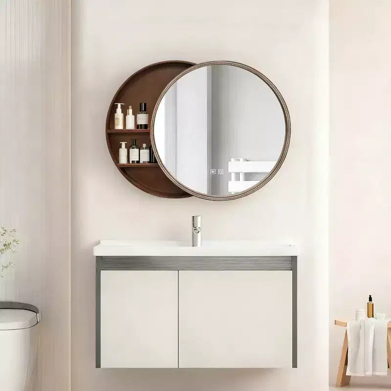 23.6 Modern Sliding Round Wall Mirror with Storage, Space-Saving Vanity Mirror for Bathroom, Accent Mirror for Living Room