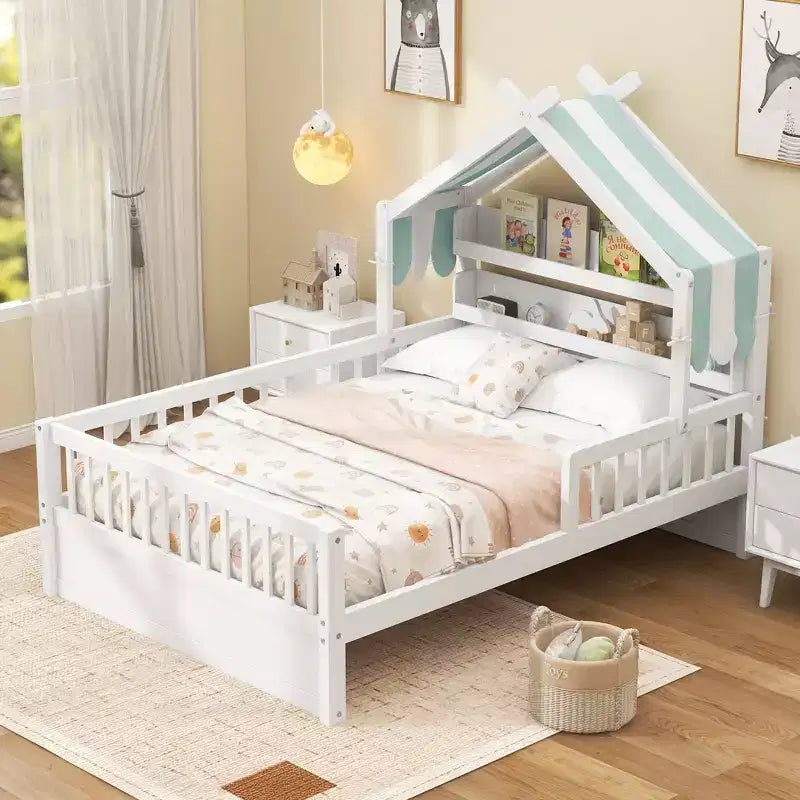 ModernLuxe Holzhausbett in Twin/Full-Größe mit Kopfteil und Stauraum, Kinderbettgestell aus massivem Kiefernholz mit Rausfallschutz