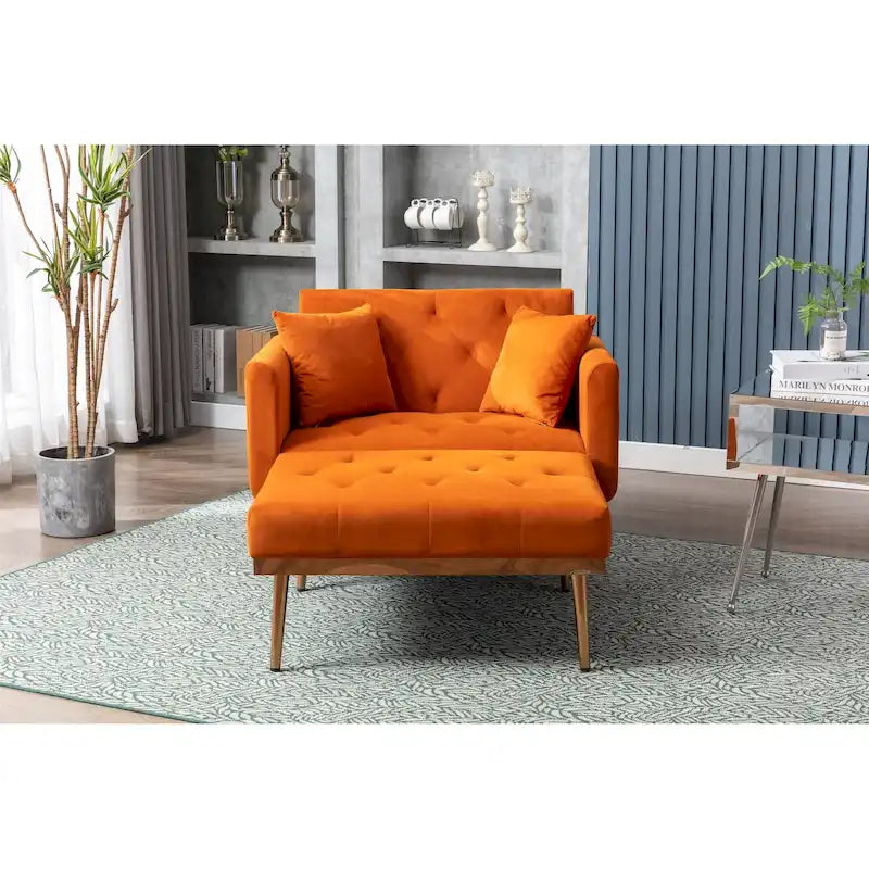 Poltrona letto in velluto imbottito e trapuntato per soggiorno, con gambe color oro rosato