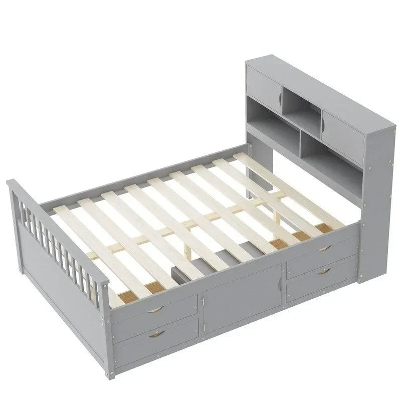 Cama de plataforma tipo capitão Twin/Full com 4 gavetas e prateleiras de arrumação, estrutura de cama em madeira maciça com cabeceira-estante para arrumação