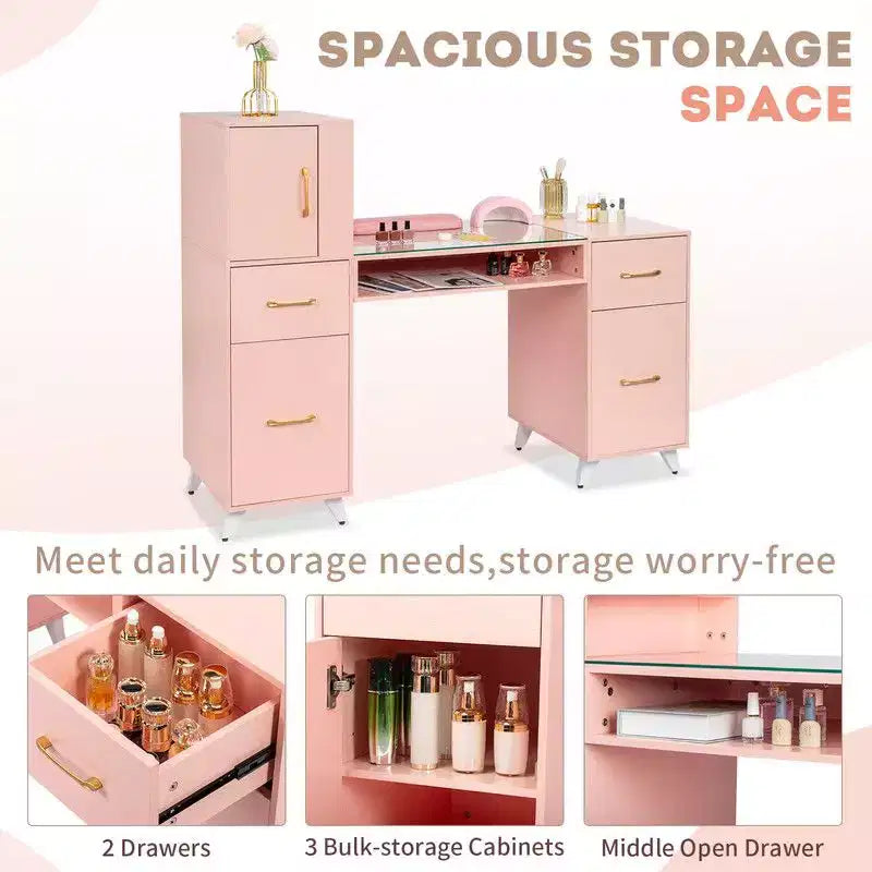Mesa de manicure moderna preta/rosa com tampo de vidro e apoio para os pulsos, estação individual