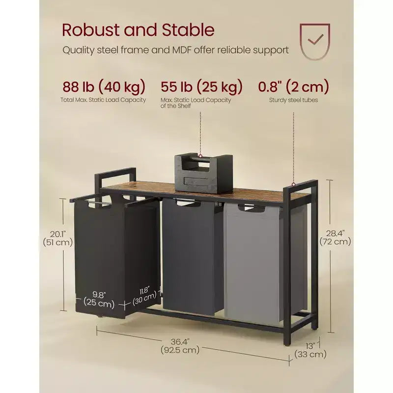 Cesto per la Biancheria, Cesto Portabiancheria, Cesto Portabiancheria con 3 Borse Estraibili e Rimovibili, Mensola, Struttura in Metallo, 3 x 38 Litri