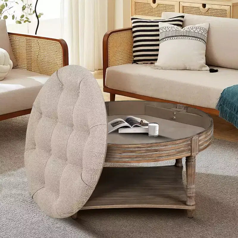 Tavolino Pouf Rotondo Grande, Pouf Imbottito trapuntato a bottoni oversize a 2 livelli con ripiano in legno, Tavolino da caffè Imbottito Stile Rustico