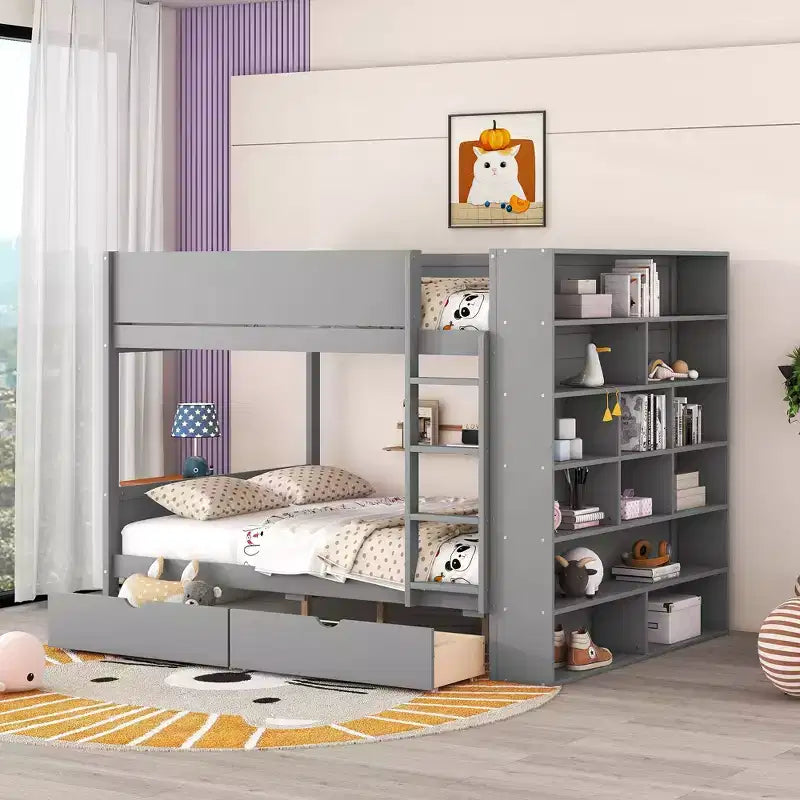 Twin Over Twin/Full Over Full Bunk Bed with 2 Drawers and Multi-Layer Cabinet, Space-Saving Storage Solution, White/Gray - ModernLuxe