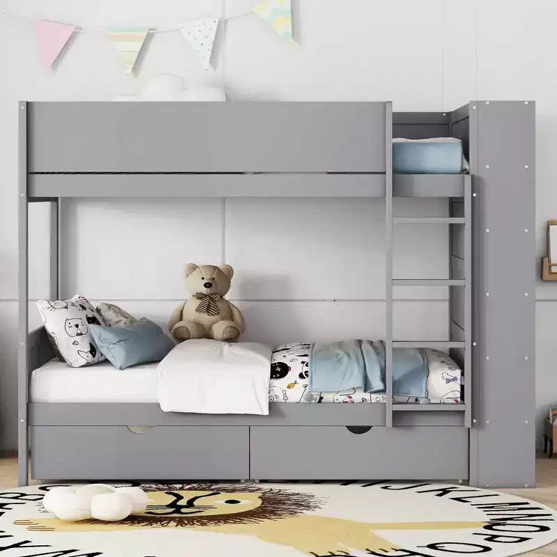 Letto a Castello Gemello su Gemello/Matrimoniale su Matrimoniale con 2 Cassetti e Armadietto Multistrato, Soluzione Salvaspazio, Bianco/Grigio - ModernLuxe