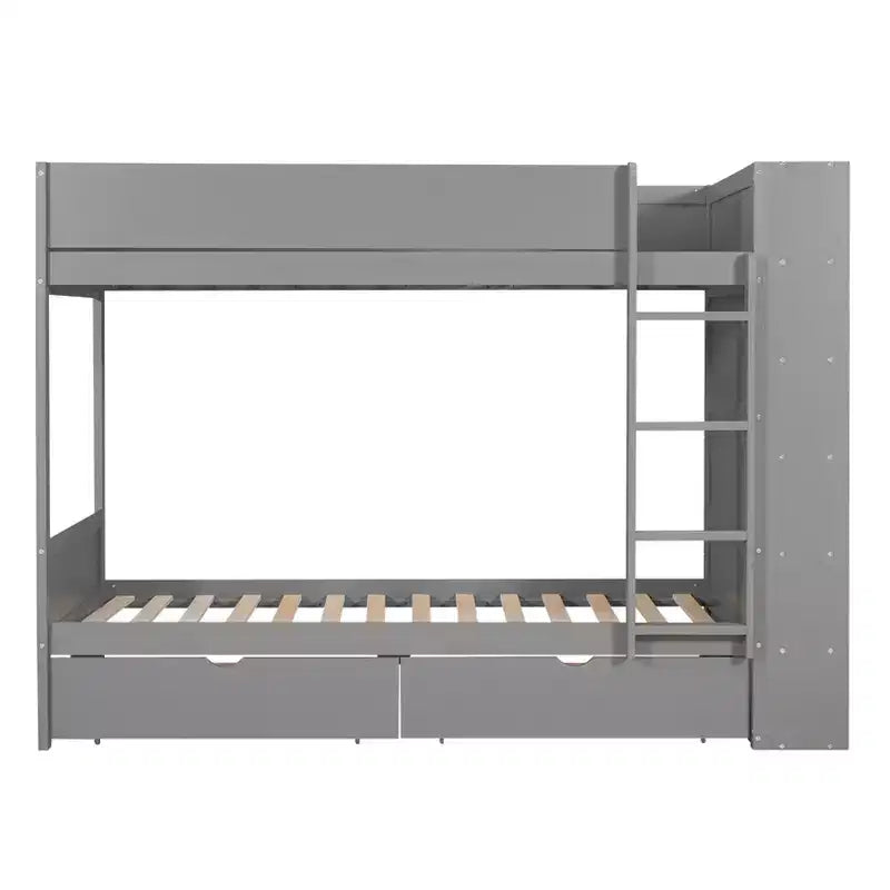 Letto a Castello Gemello su Gemello/Matrimoniale su Matrimoniale con 2 Cassetti e Armadietto Multistrato, Soluzione Salvaspazio, Bianco/Grigio - ModernLuxe