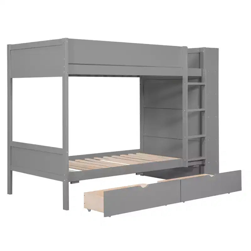 Letto a Castello Gemello su Gemello/Matrimoniale su Matrimoniale con 2 Cassetti e Armadietto Multistrato, Soluzione Salvaspazio, Bianco/Grigio - ModernLuxe