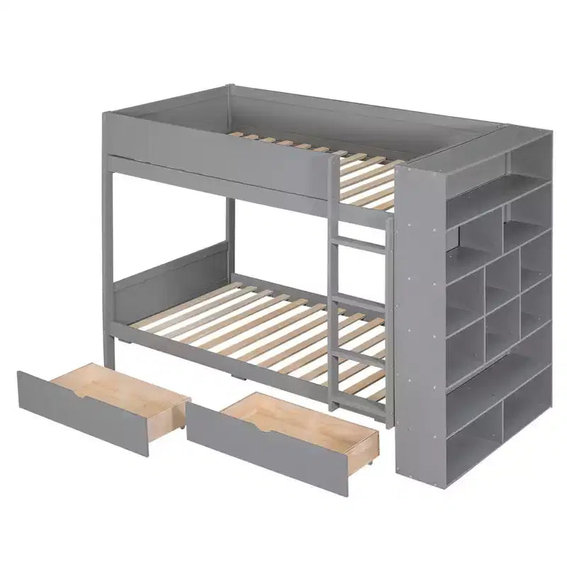 Letto a Castello Gemello su Gemello/Matrimoniale su Matrimoniale con 2 Cassetti e Armadietto Multistrato, Soluzione Salvaspazio, Bianco/Grigio - ModernLuxe