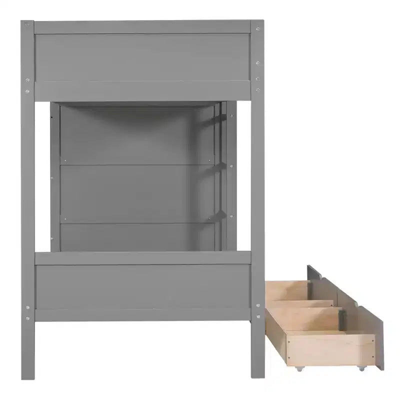 Letto a Castello Gemello su Gemello/Matrimoniale su Matrimoniale con 2 Cassetti e Armadietto Multistrato, Soluzione Salvaspazio, Bianco/Grigio - ModernLuxe