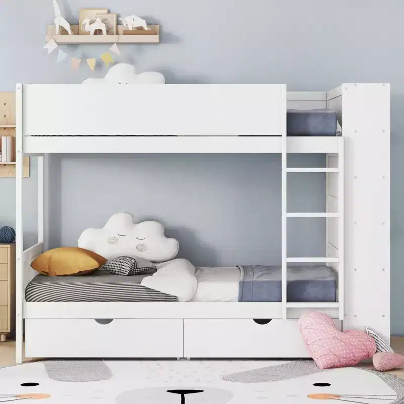 Letto a Castello Gemello su Gemello/Matrimoniale su Matrimoniale con 2 Cassetti e Armadietto Multistrato, Soluzione Salvaspazio, Bianco/Grigio - ModernLuxe
