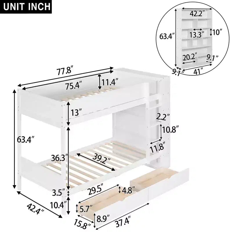 Letto a Castello Gemello su Gemello/Matrimoniale su Matrimoniale con 2 Cassetti e Armadietto Multistrato, Soluzione Salvaspazio, Bianco/Grigio - ModernLuxe