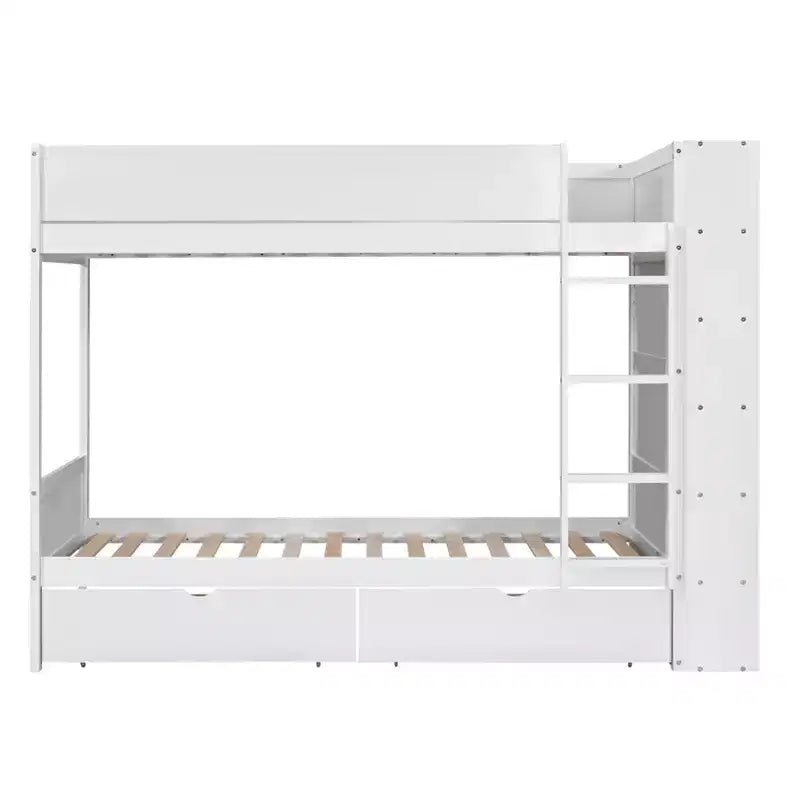 Letto a Castello Gemello su Gemello/Matrimoniale su Matrimoniale con 2 Cassetti e Armadietto Multistrato, Soluzione Salvaspazio, Bianco/Grigio - ModernLuxe