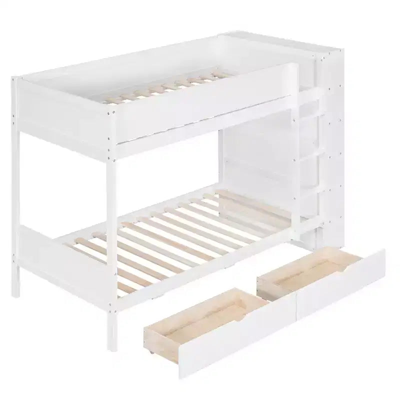 Letto a Castello Gemello su Gemello/Matrimoniale su Matrimoniale con 2 Cassetti e Armadietto Multistrato, Soluzione Salvaspazio, Bianco/Grigio - ModernLuxe