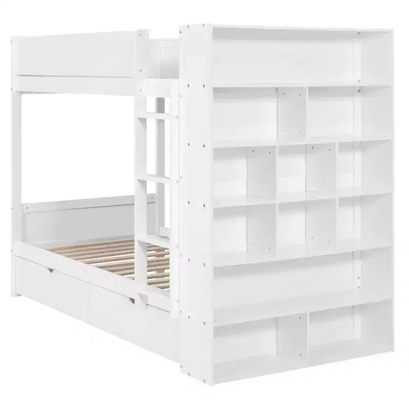 Letto a Castello Gemello su Gemello/Matrimoniale su Matrimoniale con 2 Cassetti e Armadietto Multistrato, Soluzione Salvaspazio, Bianco/Grigio - ModernLuxe