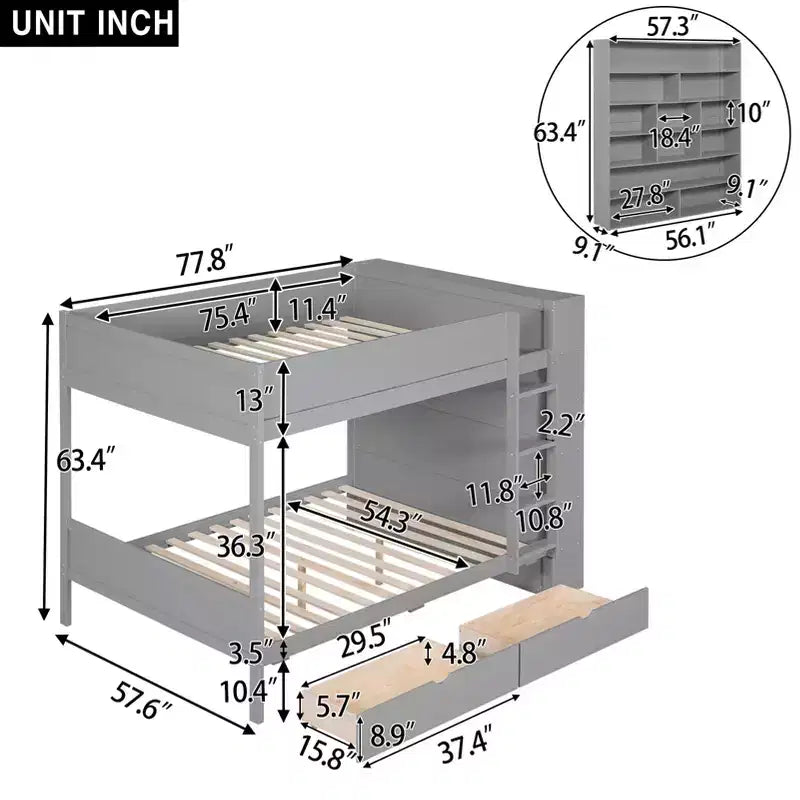 Letto a Castello Gemello su Gemello/Matrimoniale su Matrimoniale con 2 Cassetti e Armadietto Multistrato, Soluzione Salvaspazio, Bianco/Grigio - ModernLuxe