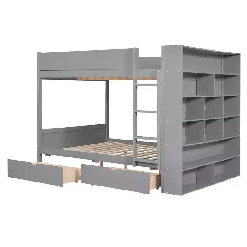Letto a Castello Gemello su Gemello/Matrimoniale su Matrimoniale con 2 Cassetti e Armadietto Multistrato, Soluzione Salvaspazio, Bianco/Grigio - ModernLuxe