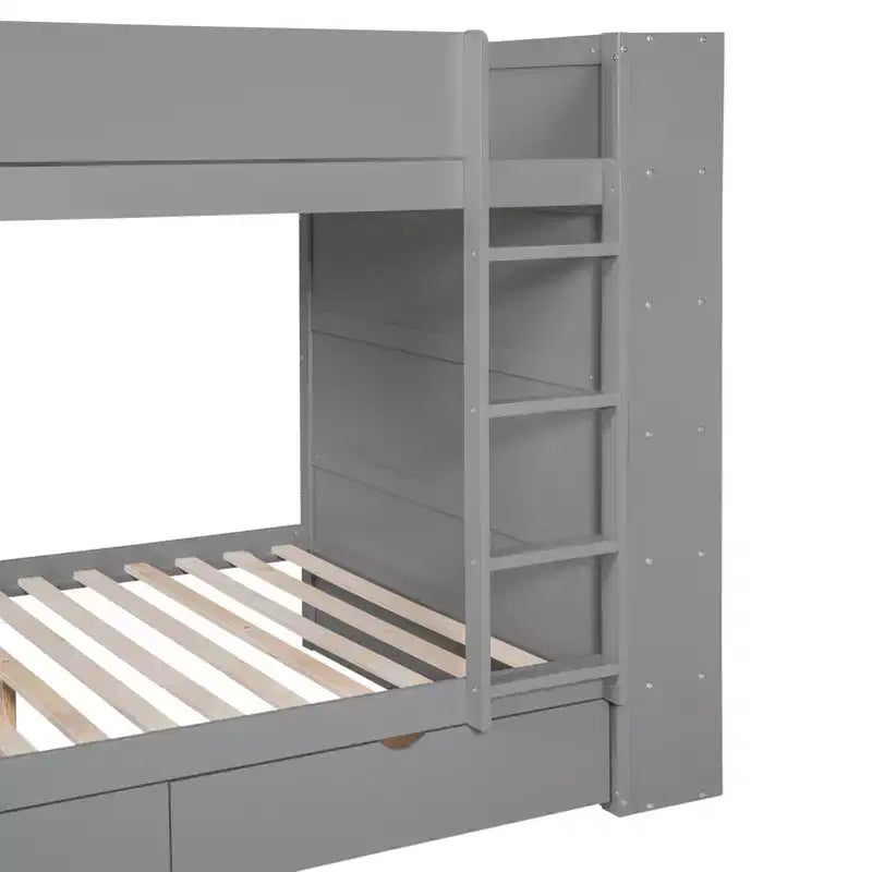 Letto a Castello Gemello su Gemello/Matrimoniale su Matrimoniale con 2 Cassetti e Armadietto Multistrato, Soluzione Salvaspazio, Bianco/Grigio - ModernLuxe