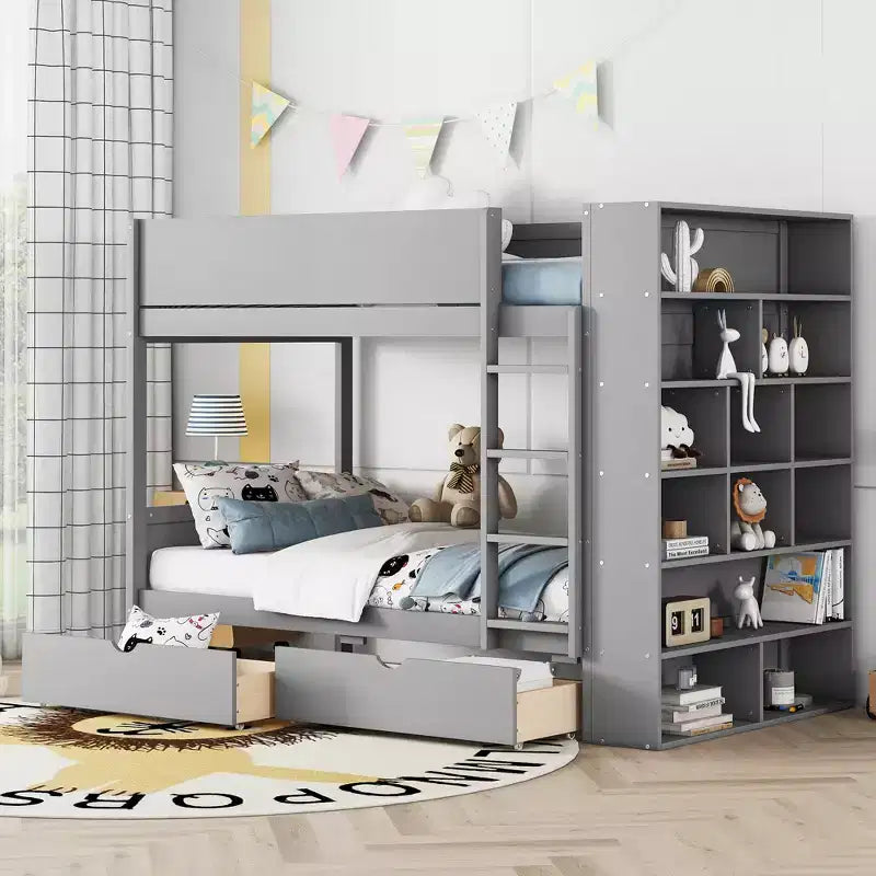 Letto a Castello Gemello su Gemello/Matrimoniale su Matrimoniale con 2 Cassetti e Armadietto Multistrato, Soluzione Salvaspazio, Bianco/Grigio - ModernLuxe