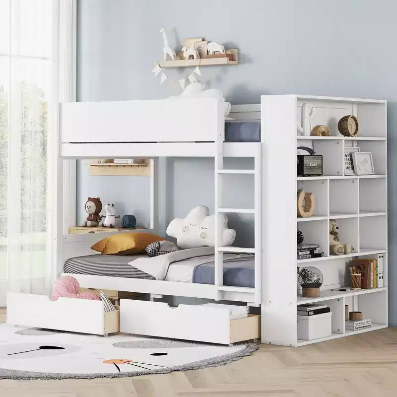 Letto a Castello Gemello su Gemello/Matrimoniale su Matrimoniale con 2 Cassetti e Armadietto Multistrato, Soluzione Salvaspazio, Bianco/Grigio - ModernLuxe