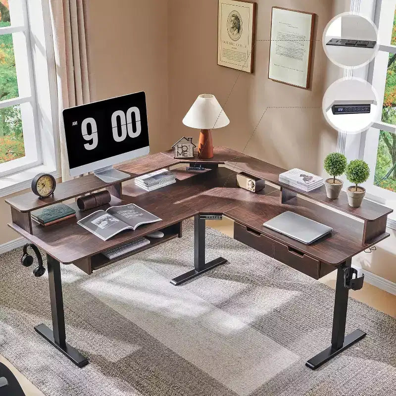 Scrivania da gioco angolare a L da 60 pollici con 2 cassetti, scrivania elettrica regolabile in altezza con prese di corrente e illuminazione a LED