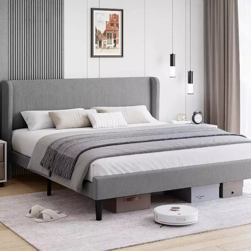 Struttura Letto con Testiera Imbottita, Design a Piattaforma in Legno con 2 Tasche Portaoggetti, Schienale a Onde Verticali Trapuntato, Robuste Doghe in Legno.