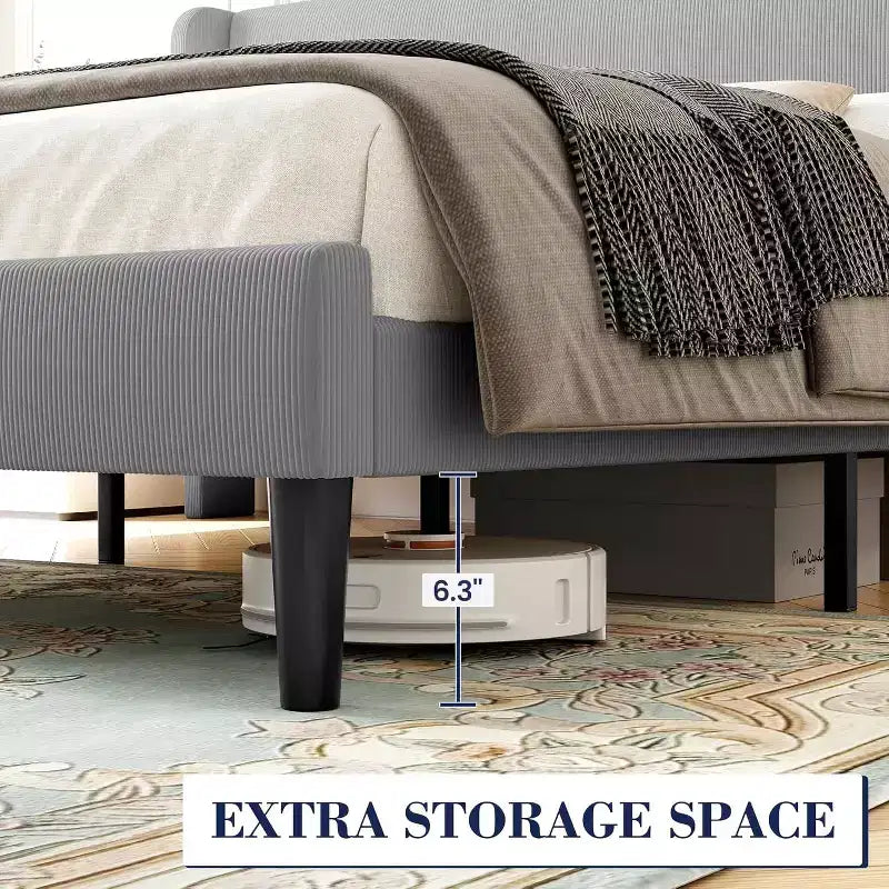 Struttura Letto con Testiera Imbottita, Design a Piattaforma in Legno con 2 Tasche Portaoggetti, Schienale a Onde Verticali Trapuntato, Robuste Doghe in Legno.