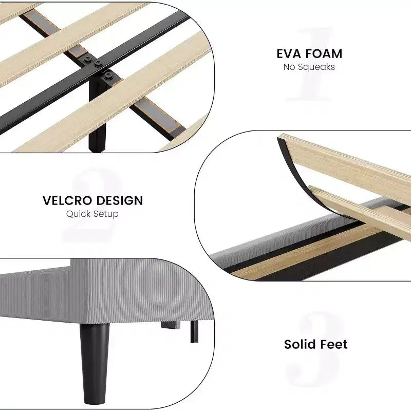 Struttura Letto con Testiera Imbottita, Design a Piattaforma in Legno con 2 Tasche Portaoggetti, Schienale a Onde Verticali Trapuntato, Robuste Doghe in Legno.