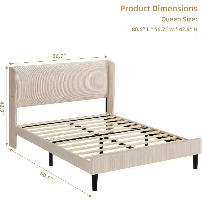 Struttura Letto con Testiera Imbottita, Design a Piattaforma in Legno con 2 Tasche Portaoggetti, Schienale a Onde Verticali Trapuntato, Robuste Doghe in Legno.