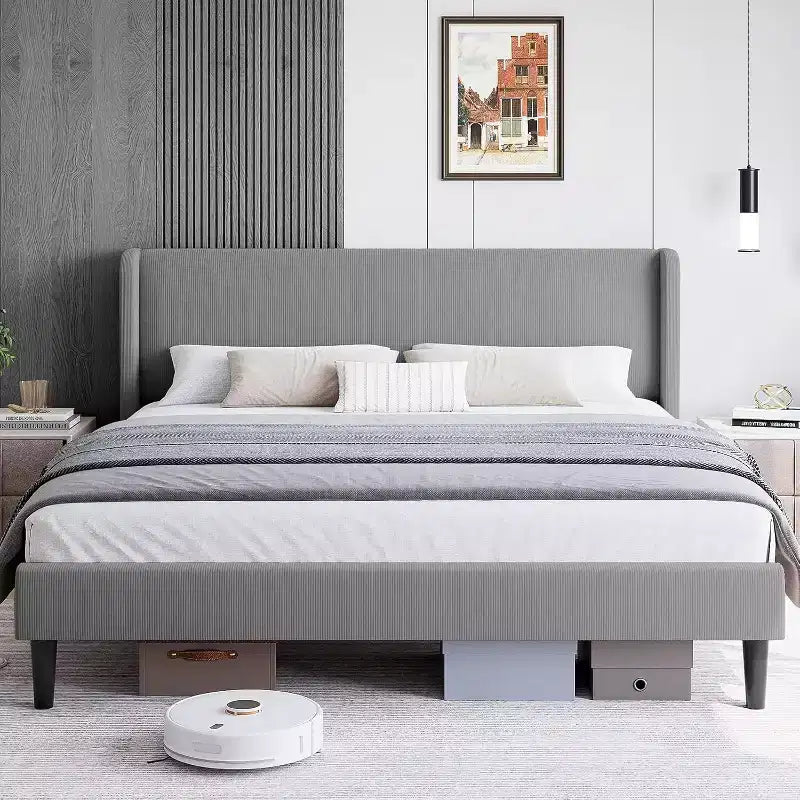 Struttura Letto con Testiera Imbottita, Design a Piattaforma in Legno con 2 Tasche Portaoggetti, Schienale a Onde Verticali Trapuntato, Robuste Doghe in Legno.