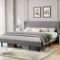 Struttura Letto con Testiera Imbottita, Design a Piattaforma in Legno con 2 Tasche Portaoggetti, Schienale a Onde Verticali Trapuntato, Robuste Doghe in Legno.
