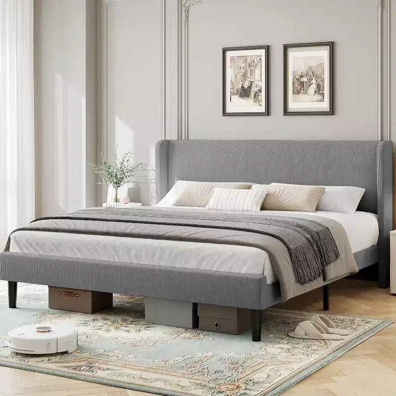 Struttura Letto con Testiera Imbottita, Design a Piattaforma in Legno con 2 Tasche Portaoggetti, Schienale a Onde Verticali Trapuntato, Robuste Doghe in Legno.